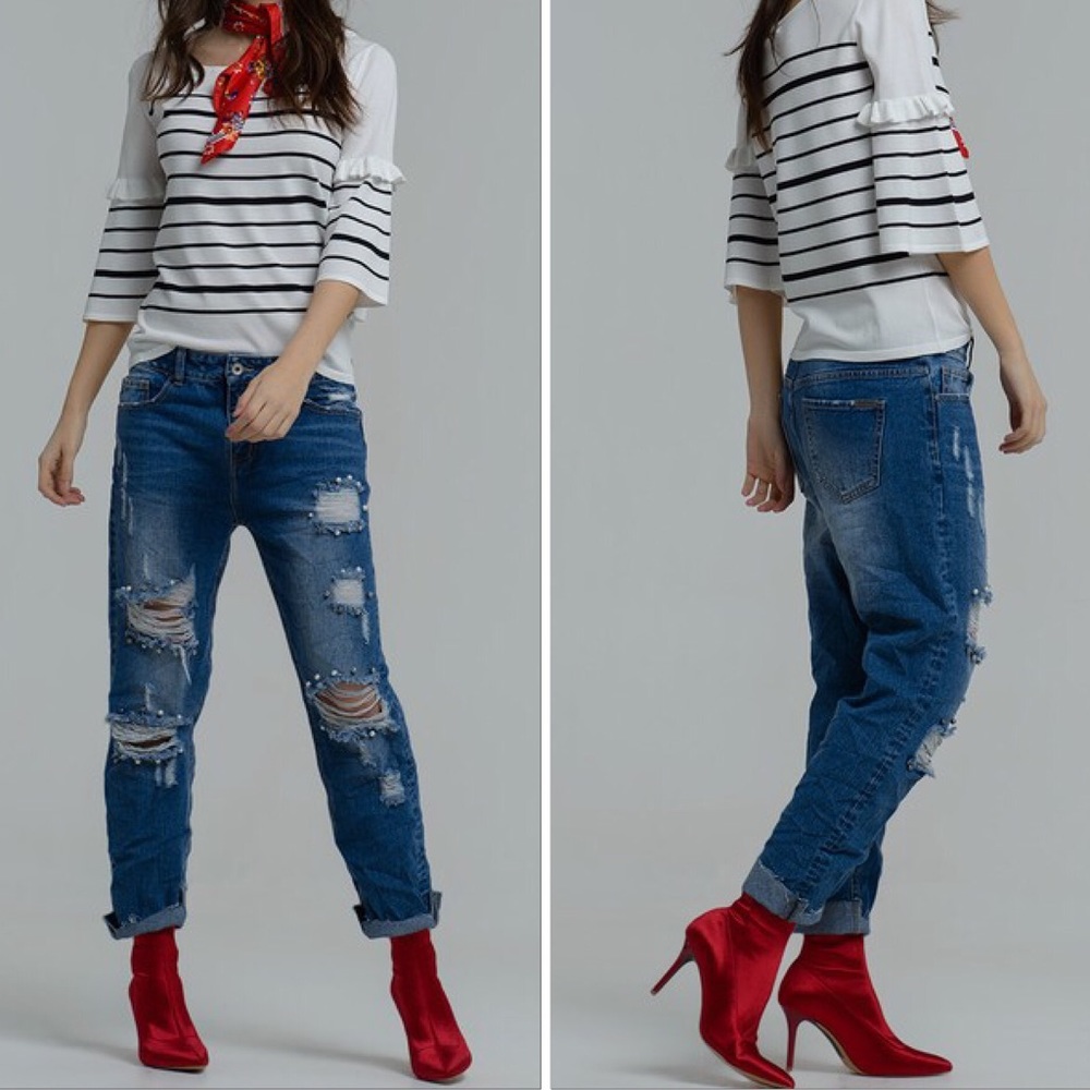 🆕Med Dark Blue Pearl Embellished Boho Distressed Ripped Knee Straight Leg Jeans - Picture 1 of 9